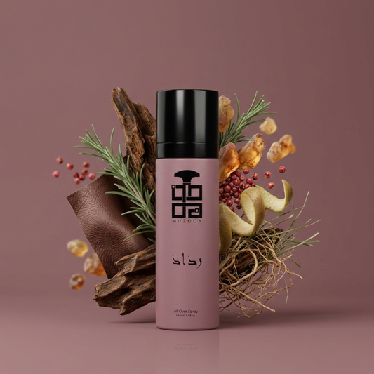 Pink spray bottle with black cap surrounded by natural elements on a brown background