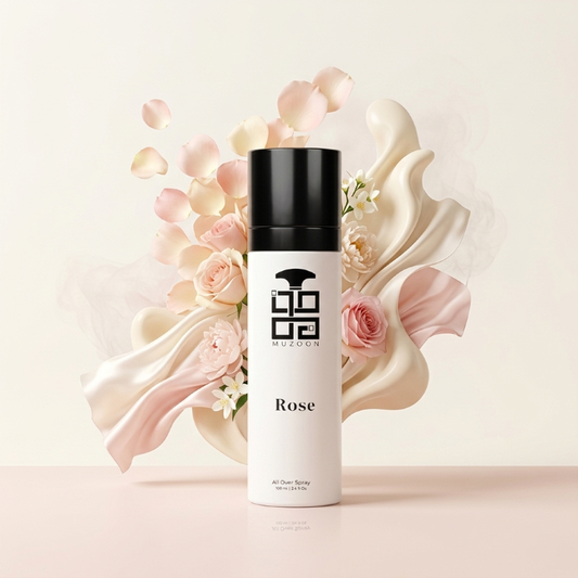 Muzoon Rose perfume bottle with floral design on a light background