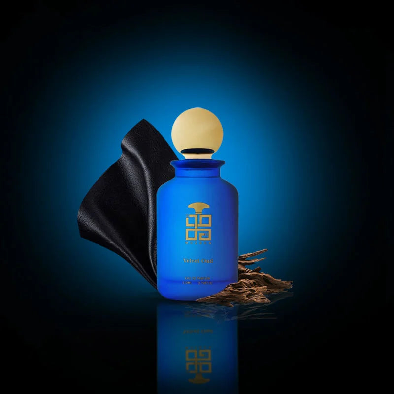 Velvet Oud EDP perfume blue bottle with gold cap by Muzoon — buy arabic oud perfume online in Oman