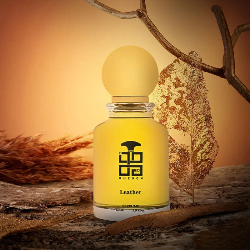 Leather EDP perfume bottle with gold cap by Muzoon — buy unisex arabic fragrance online in Oman