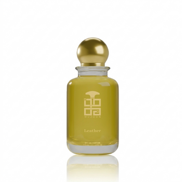Leather EDP perfume bottle with gold cap by Muzoon — buy unisex arabic fragrance online in Oman