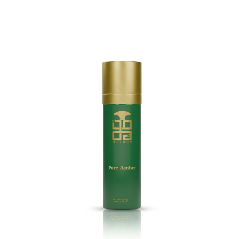 Pure Amber Mist body hair skincare fresh daily Pendant light cylindrical bottle with golden cap and a white background