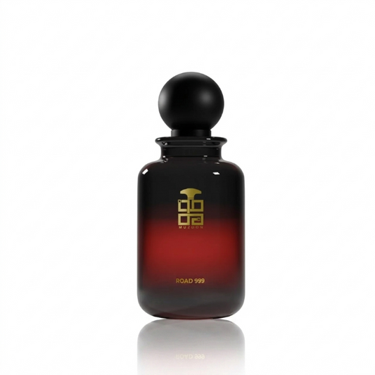 Road 999 Muzoon Perfume bottle with gradient color of Red and Black design and brand logo on a white background