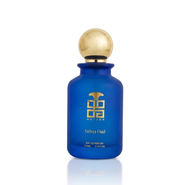 Velvet Oud EDP perfume blue bottle with gold cap by Muzoon — buy arabic oud perfume online in Oman