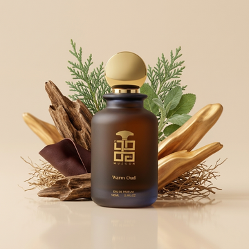 Warm Oud Perfume brown bottle with gold cap by Muzoon — shop luxury oud fragrance online
