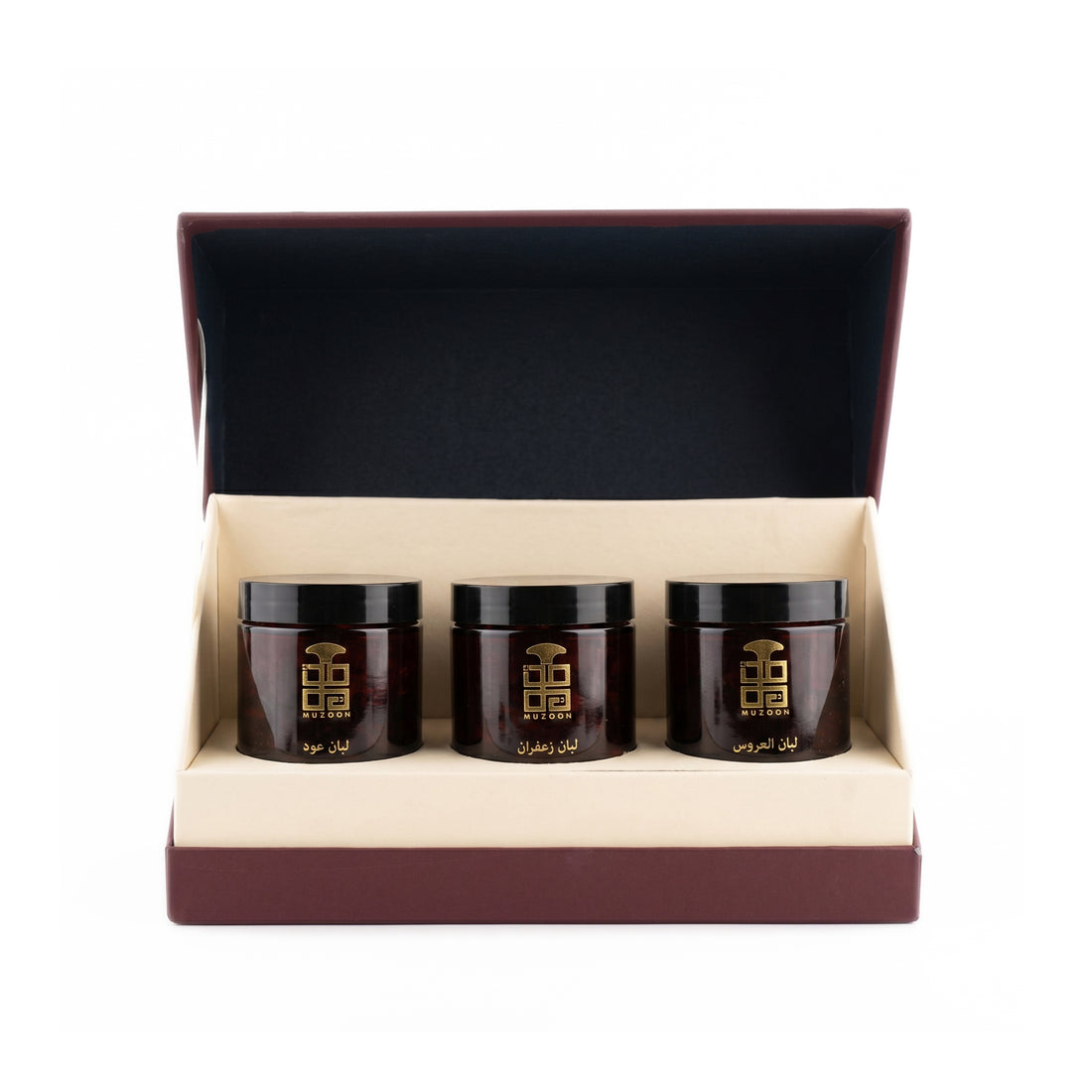 Luban Collection Gift Box by Muzoon ��������� open burgundy box with three amber bukhoor jars inside | Arabic Inc