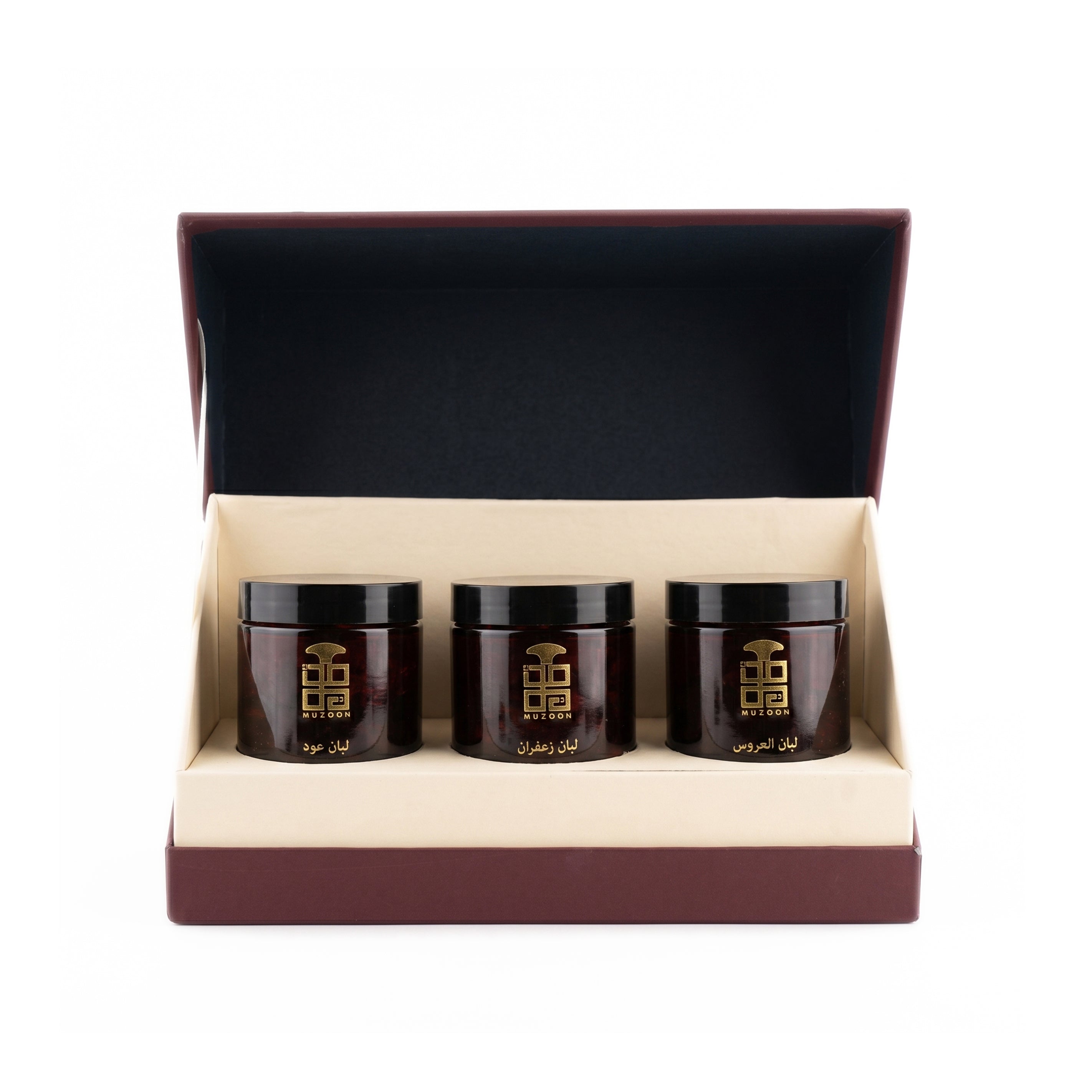 Luban Collection Gift Box by Muzoon ��������� open burgundy box with three amber bukhoor jars inside | Arabic Inc