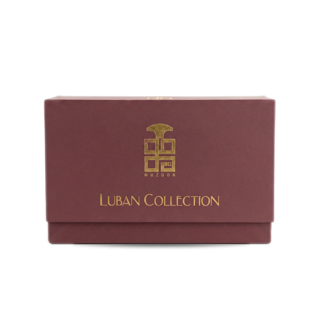 Luban Collection Gift Box by Muzoon ��������� open burgundy box with three amber bukhoor jars inside | Arabic Inc