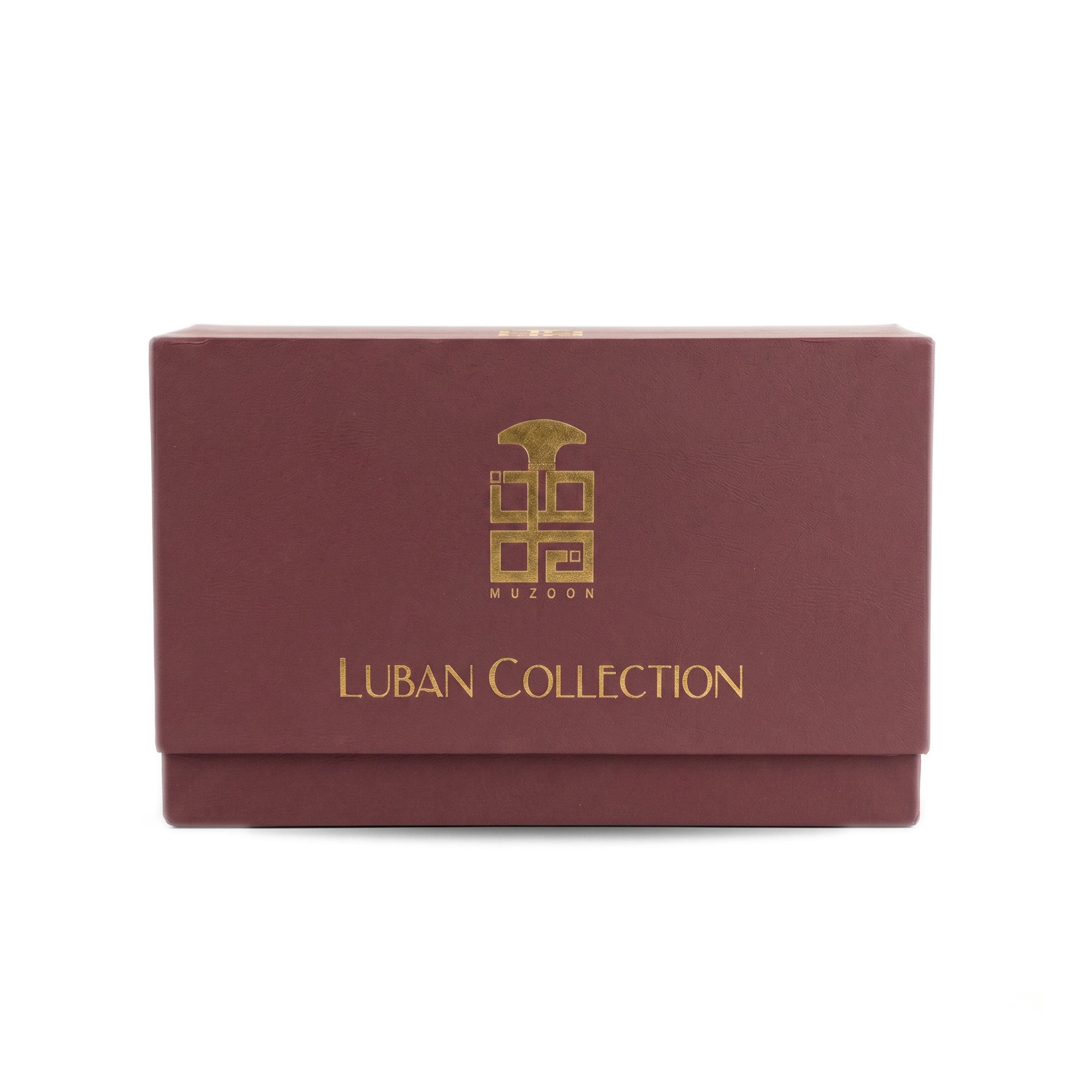 Luban Collection Gift Box by Muzoon ��������� open burgundy box with three amber bukhoor jars inside | Arabic Inc