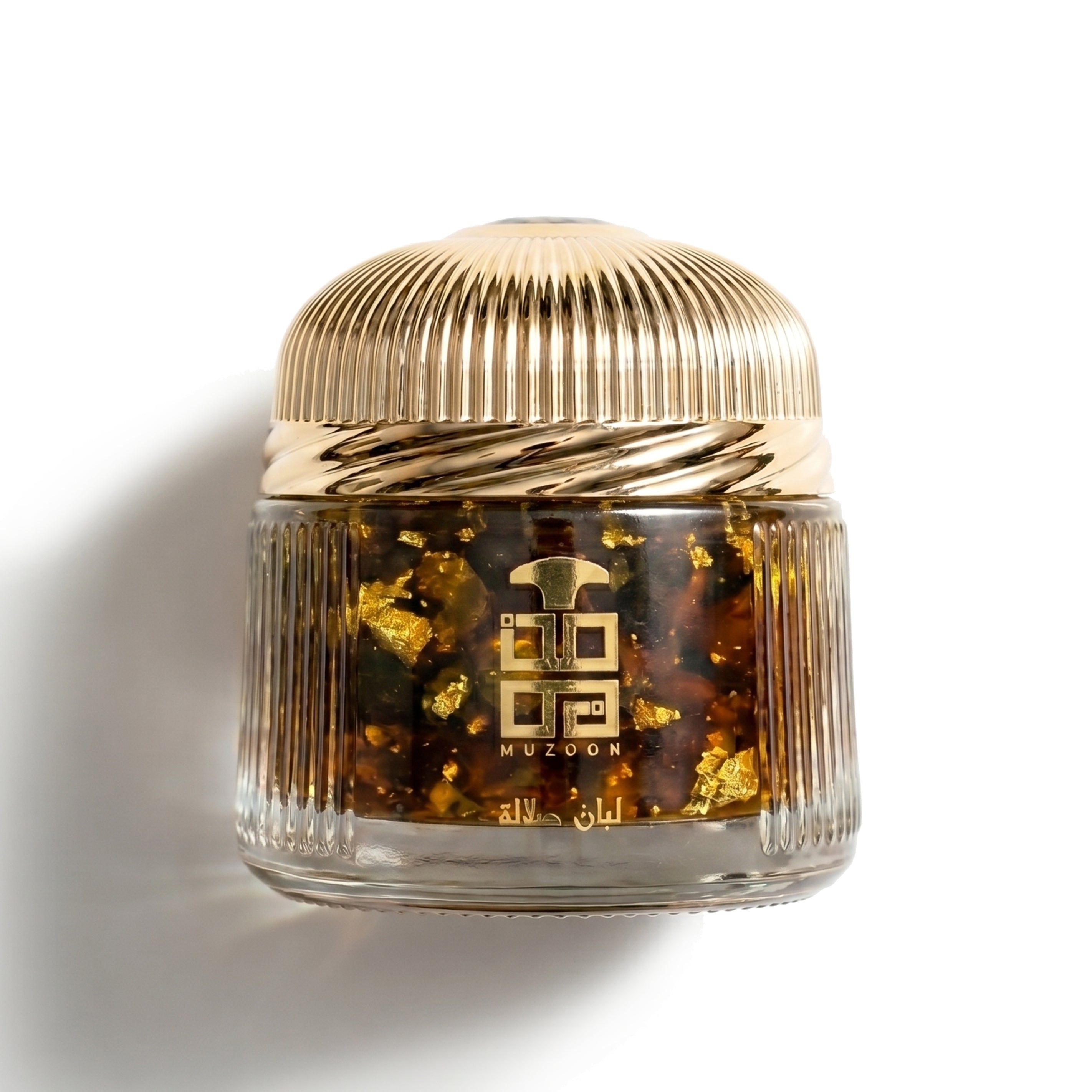 Luban Salalah by Muzoon ��������� premium Omani frankincense resin with gold flakes in ornate ridged glass jar with gold dome lid 