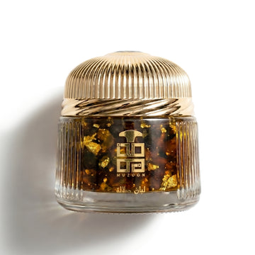 Luban Salalah by Muzoon ��������� premium Omani frankincense resin with gold flakes in ornate ridged glass jar with gold dome lid 